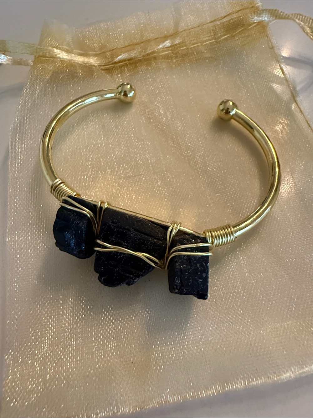 NWOT Real Raw Black Tourmaline Crystal Gold Plated Brass Cuff Bracelet